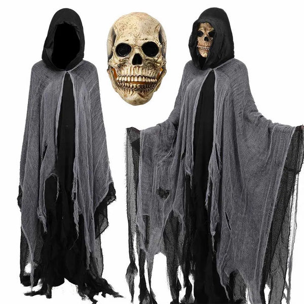 Grim Reaper Halloween Costume – Hooded Skull Mask & Tattered Cloak