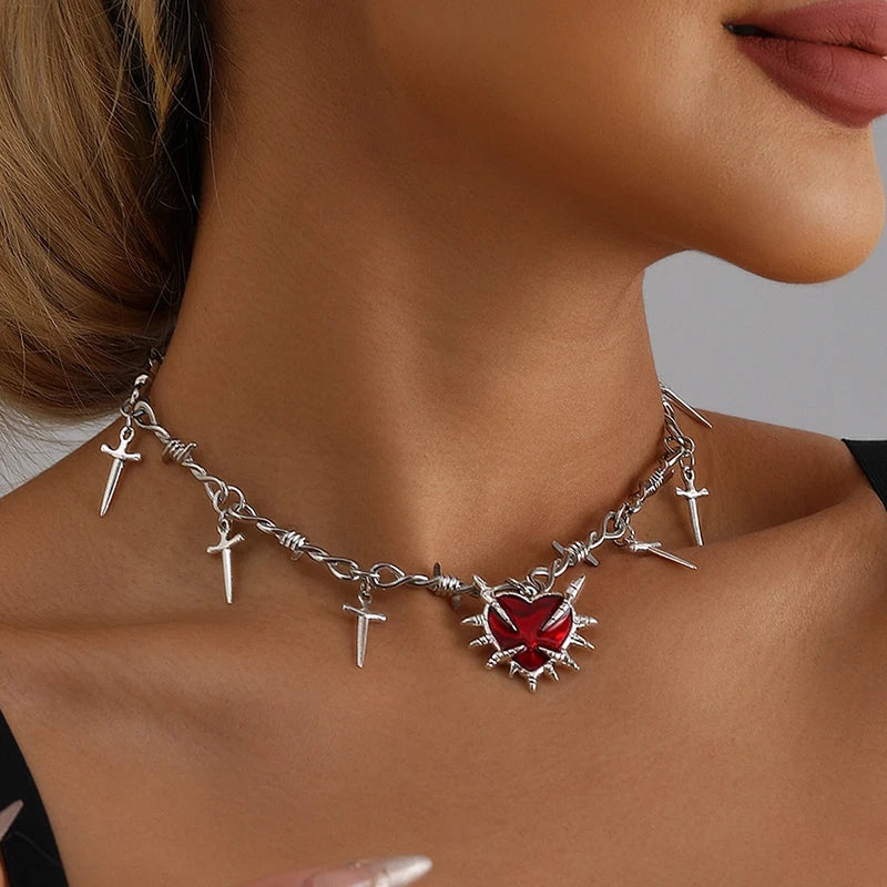 Gothic Red Heart Necklace – Y2K Punk Thorn Jewelry