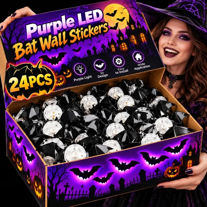Purple LED 3D Bat Wall Stickers – Glowing Halloween Decorations